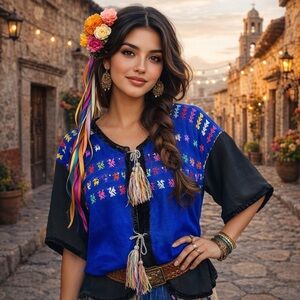 VTG Handmade Huipil Mexican Guatamalan Short Sleeve Thick Lined Cardigan Sz M-L